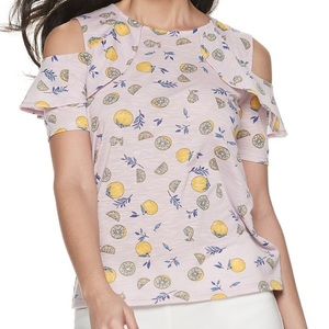 Juicy Couture Crew Neck Ruffle Open Shoulder Top